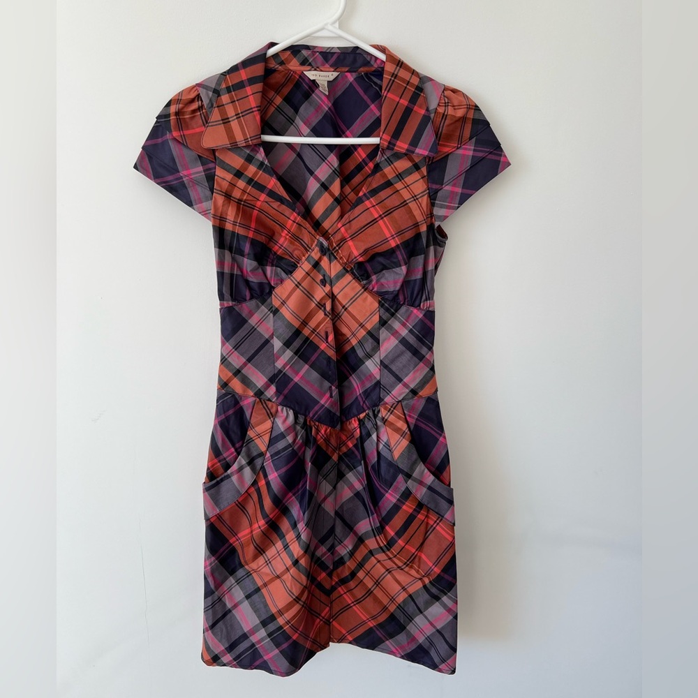 Ted Baker Chintz Finish Check Shirt Dress Side Pockets